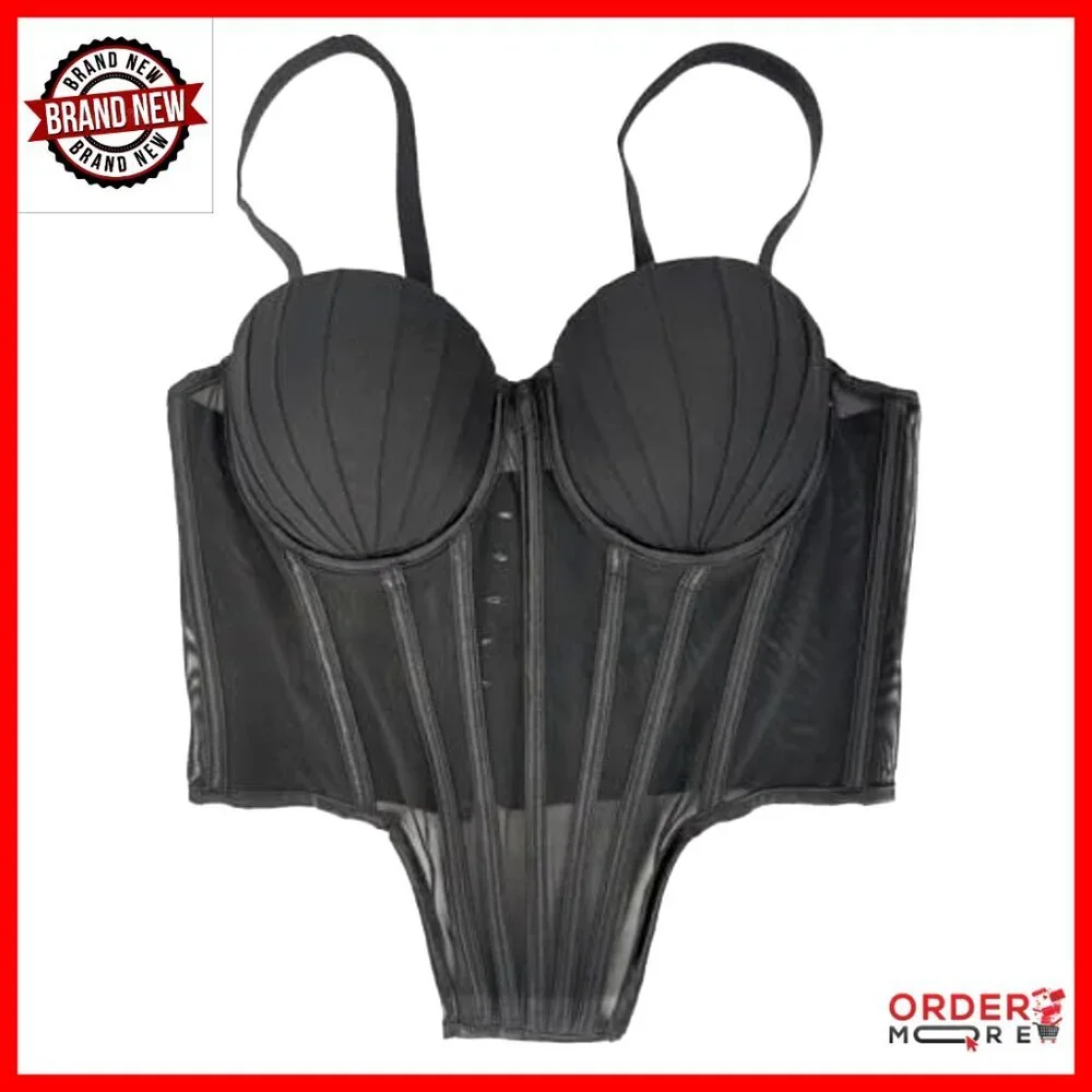 Sheer Mesh Corset Top with Pleated Cups Underwire Bustier Adjustable Straps - Picture 4 of 7